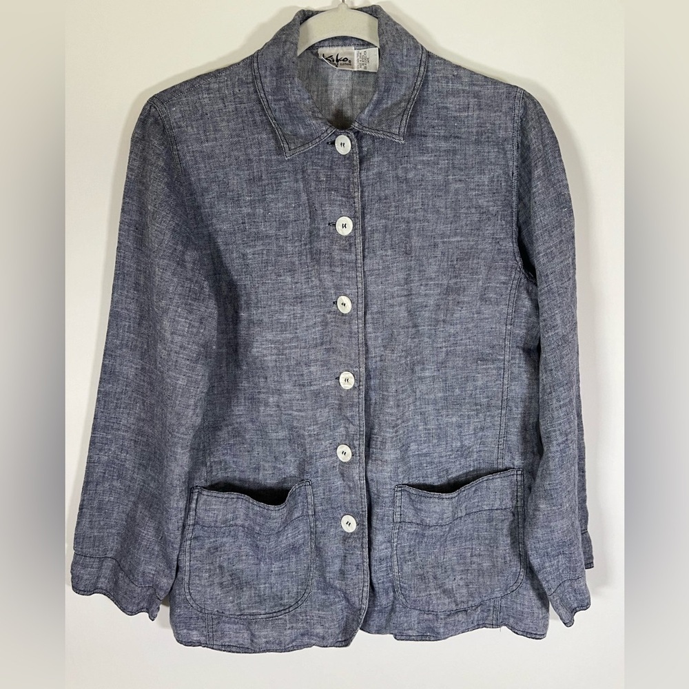 Vintage 90s KIKO comfortable clothing blue linen shacket jacket sz S lagenlook